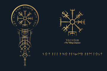 Golden Viking symbols of vegvisir and runes  on black background. Vector illustration, pagan norse design. 
