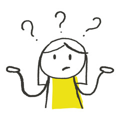Cartoon-style woman not knowing what to do. Illustration with puzzled character. 