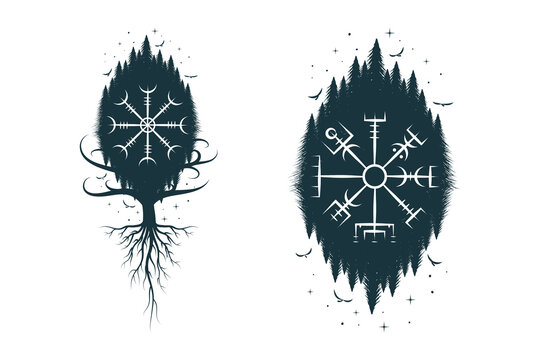 Viking symbols vegvisir, aegishjalmur, tree of life and ravens. Scandinavian vector illustration.