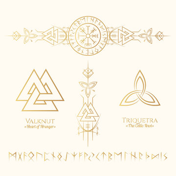 Viking runes and symbols golden collection. Hand drawn isolated set of  pagan norse sign vegvisir, valknut, triquetra, runic circle. Scandinavian vector illustration.