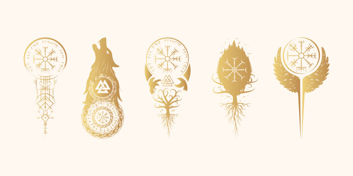Viking symbols isolated set. Golden collection of celtic signs vegvisir, Fenrir, yggdrasil, valknut, aegishjalmur. Scandinavian vector illustration.