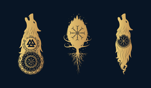 Viking symbols isolated set. Golden collection of celtic  signs vegvisir, Fenrir, yggdrasil, valknut, aegishjalmur on black background. Scandinavian vector illustration.
