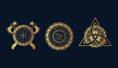 Viking symbols collection. Isolated set of three golden pagan norse sign vegvisir, triquetra and crossed axe on black background. Scandinavian vector illustration.