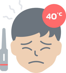 A man icon with a high fever and measuring the fever forty degrees.