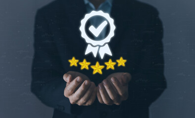 Businessman hand showing digital technology icon sign with a check mark. The best quality assurance service concept.	