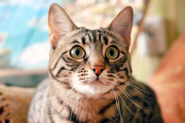 the cat's muzzle a cross between Bengali and Thai breeds looks away from the camera