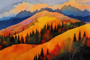 Watercolor autumn mountain landscape. 
