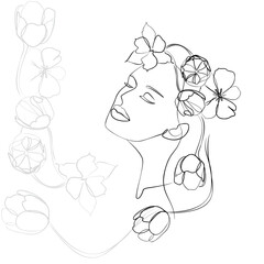 One line hand drawn vector art with beautiful woman face and flowers in elegant curve. Black isolated on white background. Modern simplistic design for fashion, wall art, print, tattoo, cover, card.