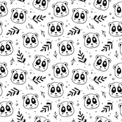 Naklejka premium Seamless pattern with panda, leaves and bubbles on a white background. Chinese bear. Hand drawn childish cute illustration. Ideal for fabric, textile, wallpaper, prints, scrapbooking, wrapping paper