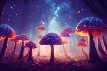 Fairy forest with glowing mushrooms.  - obrazy, fototapety, plakaty