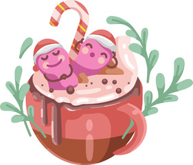 Marshmallows in a hot chocolate mug. Drinks for the Christmas season. Sticker of cute character