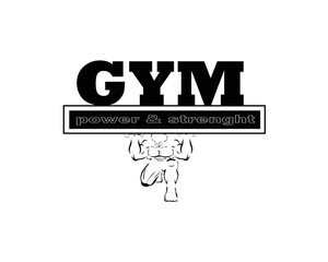 vector logo design in the form of a bodybuilding athlete who is holding up writing or the word "gym power and strength" can be used for a company logo or gym business place