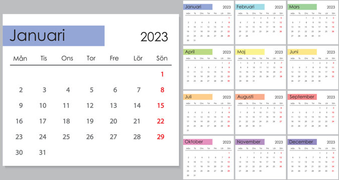 Calendar 2023 on Swedish language, week start on Monday.