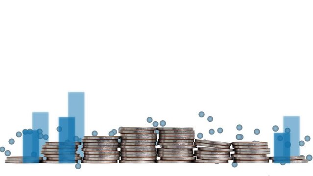 Various miniature people standing on a pile of coins at different heights. Bar graph and business concept on income inequality.
