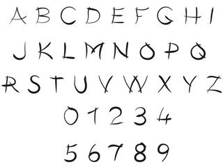 Hand drawn free style font, vector alphabet and numbers