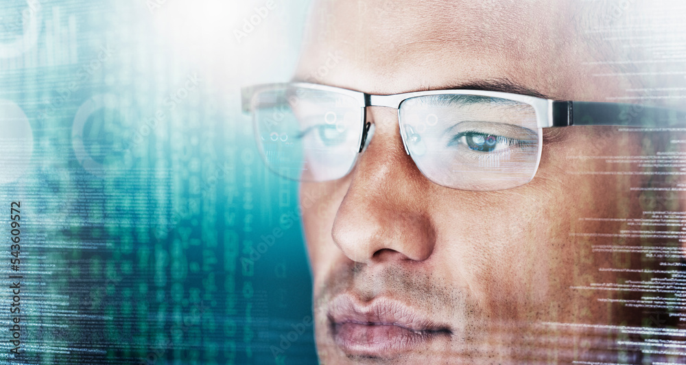 Leinwandbilder Analytics, overlay and 3d digital while businessman online for fintech using ux and ui for financial investing. Accountant, futuristic tech and economy with business for finance forecast and report