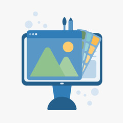 Obraz premium Digital drawing with electronic tools and equipment. Color palette, Creativity concept. Modern Flat Illustration.