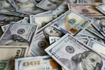 One Hundred Dollars banknotes. Official currency of the United States of America. 100 USD notes, American US dollar paper bills obverse.