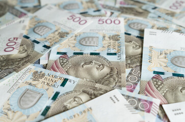 Obraz na płótnie Canvas 500 Polish zloty banknotes. PLN zł or złoty, the official currency of Poland. Five hundred złotych notes, paper bills obverse.
