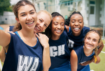 Sports, netball team and selfie of women ready for game, match or competition on court outside. Fitness, smile or self portrait of players for happy memory or social media post online after training