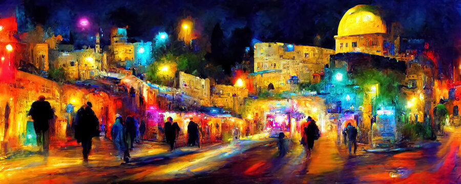 night in jerusalem israel bright abstract art