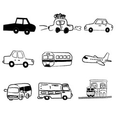 Set car illustration drawing black and white icon vector