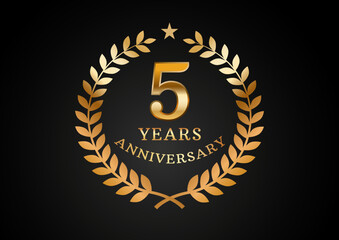 Vector graphic of Anniversary celebration background. 5 years golden anniversary logo with laurel wreath on black background. Good design for wedding party event, birthday, invitation, brochure, etc