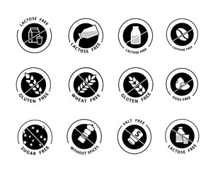Lactose free, gluten, wheat, sugar and salt free icons. A set of icons ready to use in your design. Vector icons can be used on different backgrounds. EPS10.	