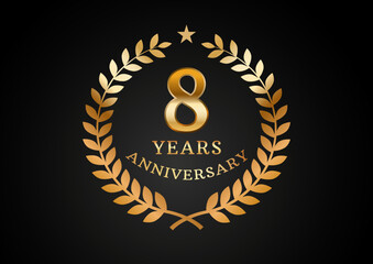 Vector graphic of Anniversary celebration background. 8 years golden anniversary logo with laurel wreath on black background. Good design for wedding party event, birthday, invitation, brochure, etc