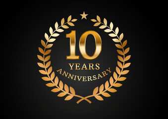 Vector graphic of Anniversary celebration background. 10 years golden anniversary logo with laurel wreath on black background. Good design for wedding party event, birthday, invitation, brochure, etc