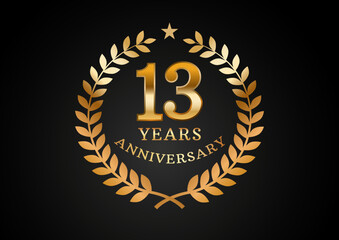 Vector graphic of Anniversary celebration background. 13 years golden anniversary logo with laurel wreath on black background. Good design for wedding party event, birthday, invitation, brochure, etc