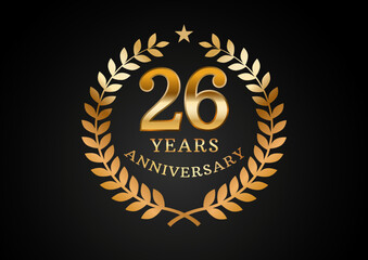 Fototapeta premium Vector graphic of Anniversary celebration background. 26 years golden anniversary logo with laurel wreath on black background. Good design for wedding party event, birthday, invitation, brochure, etc
