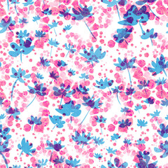 Abstract flowers and watercolor rose petals on white background. Seamless floral pattern