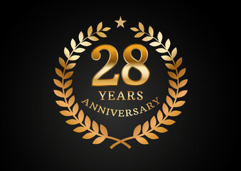 Fototapeta premium Vector graphic of Anniversary celebration background. 28 years golden anniversary logo with laurel wreath on black background. Good design for wedding party event, birthday, invitation, brochure, etc