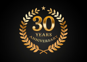 Vector graphic of Anniversary celebration background. 30 years golden anniversary logo with laurel wreath on black background. Good design for wedding party event, birthday, invitation, brochure, etc