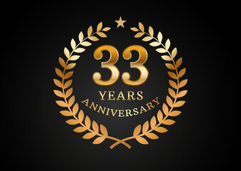 Vector graphic of Anniversary celebration background. 33 years golden anniversary logo with laurel wreath on black background. Good design for wedding party event, birthday, invitation, brochure, etc