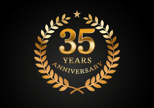 Vector graphic of Anniversary celebration background. 35 years golden anniversary logo with laurel wreath on black background. Good design for wedding party event, birthday, invitation, brochure, etc
