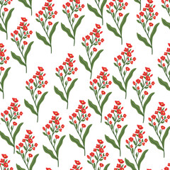 Red Wild flower vector seamless pattern. herb, herbaceous flowering plant, blooming branch texture. Hand drawn flat botanical illustration.