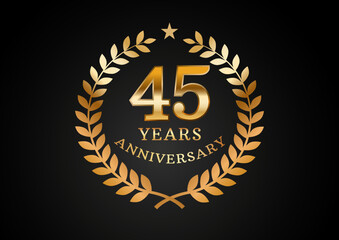 Vector graphic of Anniversary celebration background. 45 years golden anniversary logo with laurel wreath on black background. Good design for wedding party event, birthday, invitation, brochure, etc