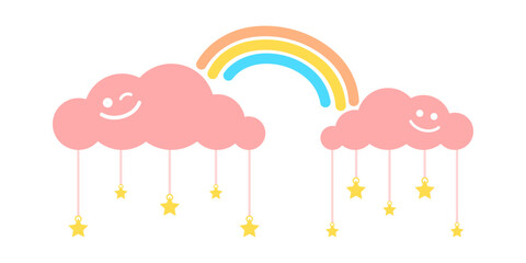 Cute pink clouds smile rainbow with line hanging stars concept good night and sweet dreams boho doodle drawing cartoon on white background flat vector design.