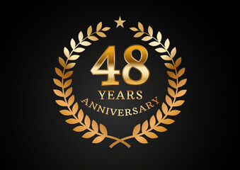 Vector graphic of Anniversary celebration background. 48 years golden anniversary logo with laurel wreath on black background. Good design for wedding party event, birthday, invitation, brochure, etc