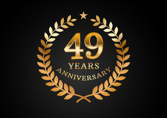 Vector graphic of Anniversary celebration background. 49 years golden anniversary logo with laurel wreath on black background. Good design for wedding party event, birthday, invitation, brochure, etc
