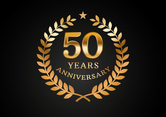 Vector graphic of Anniversary celebration background. 50 years golden anniversary logo with laurel wreath on black background. Good design for wedding party event, birthday, invitation, brochure, etc