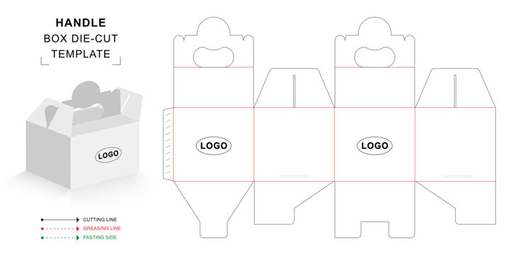 Handle box die cut template with 3D blank vector mockup for food packaging