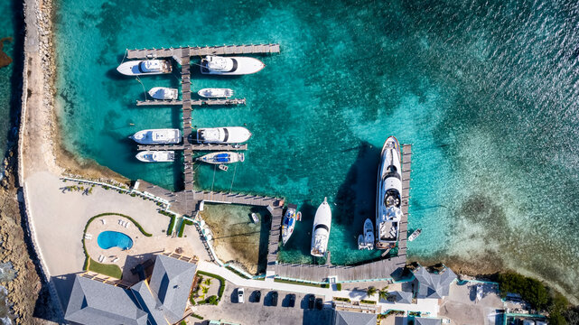 Aerial top view of the Flying Fish Marina, next to Clarence Town, Long Island, Bahamas, famous for the big sharks and rays seen in shallow waters