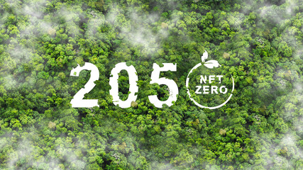 Net zero by 2050. Carbon neutral  on Top view of nature.. Net zero greenhouse gas emissions target. Climate neutral long term strategy. No toxic gases.  - obrazy, fototapety, plakaty