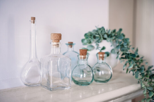 Vintage Glass Jar Collection On A Mantlepiece