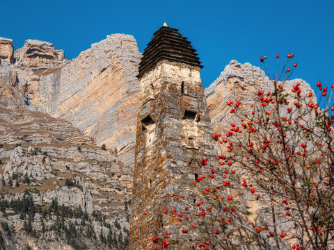 Sunny afternoon in the Caucasus mountains. Medieval tower complex Nii, one of the authentic medieval castle-type tower villages, located on the Jeyrakh district in Ingushetia, Russia.