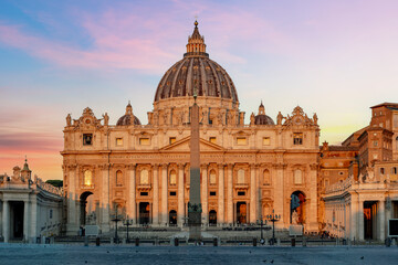 Fototapeta na wymiar St. Peter's basilica on Saint Peter's square in Vatican at sunrise, center of Rome, Italy