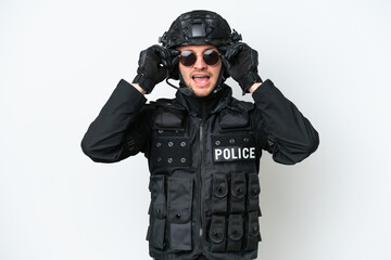 SWAT man over isolated white background with glasses and surprised